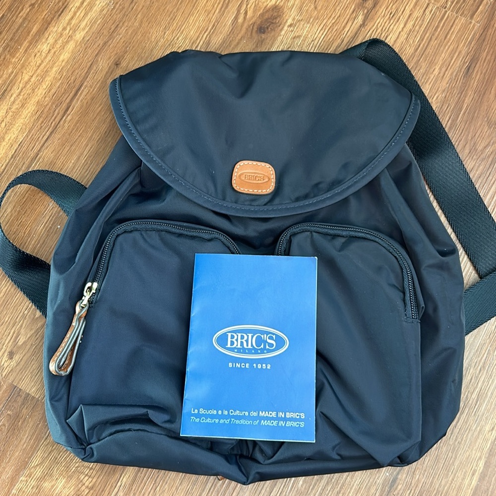 Bric’s Italian Small X-Travel City Backpack Navy Blue With Tan Leather Trim NWOT